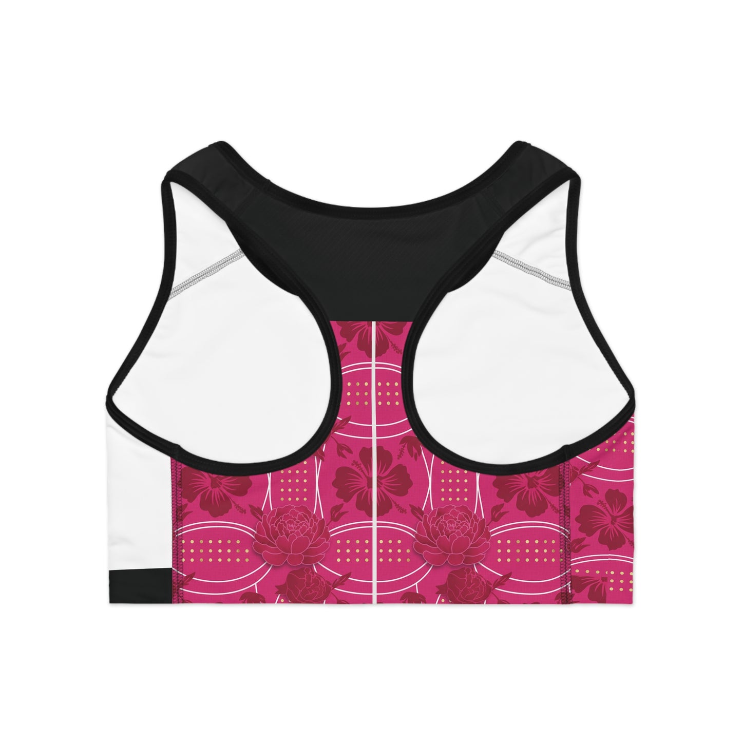 White & Pink Elegant Sports Bra — Luxe Athletic Crop with Ornate Accent