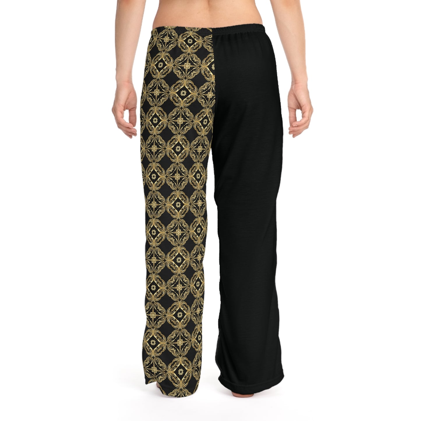 Women's Split-Panel Pajama Pants — Gold Baroque Pattern & Solid Lounge Trousers