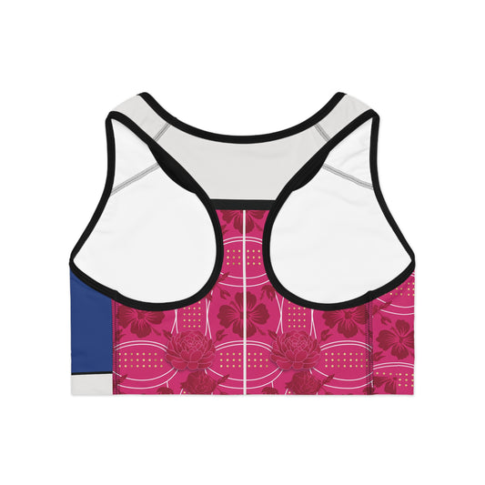 Bluey & Pink Elegant Sports Bra — Luxe Athletic Crop with Ornate Accent (Essenciera)