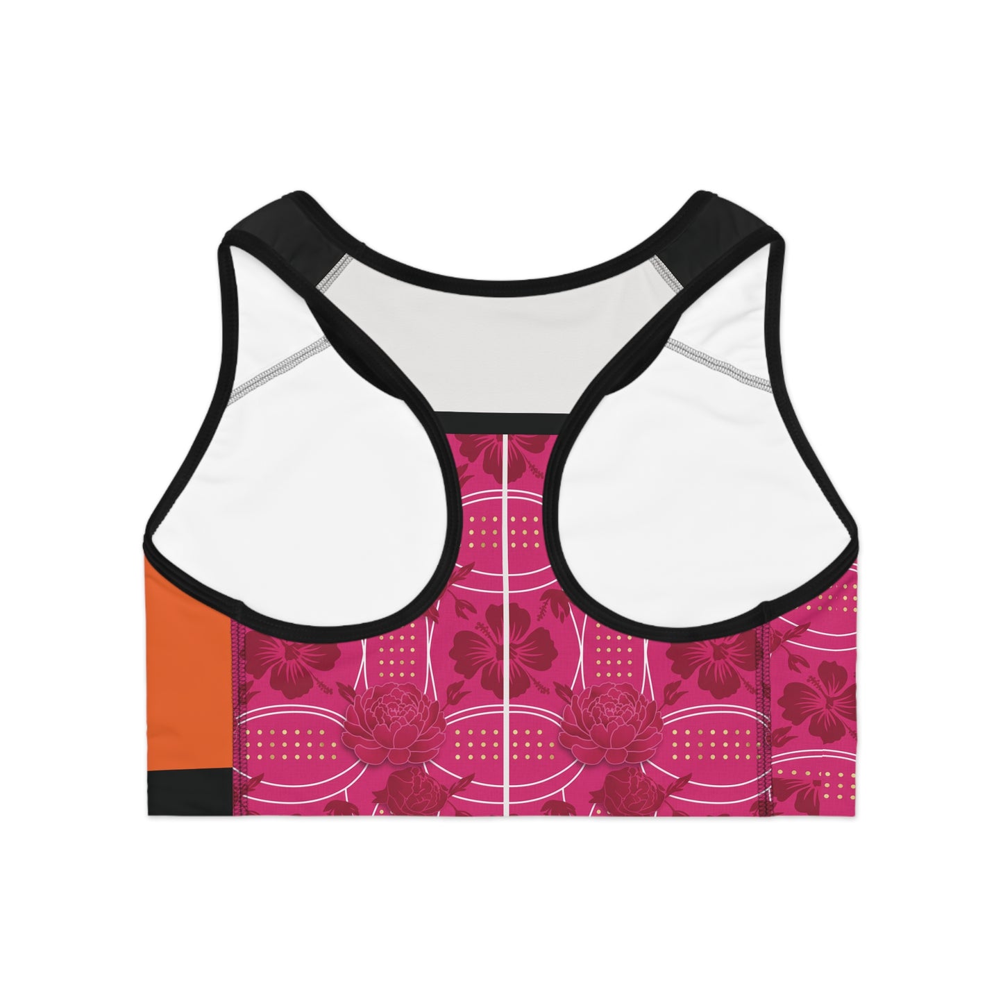 OrangeAide & Pink Elegant Sports Bra — Luxe Athletic Crop with Ornate Accent (Essenciera)