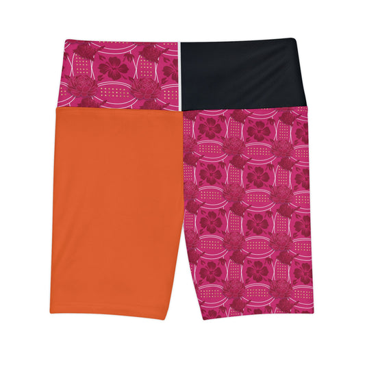 Essenciera Conturee Pink & OrangeAide Floral Patchwork Women's Workout Shorts — High-Waist Athletic Biker Shorts