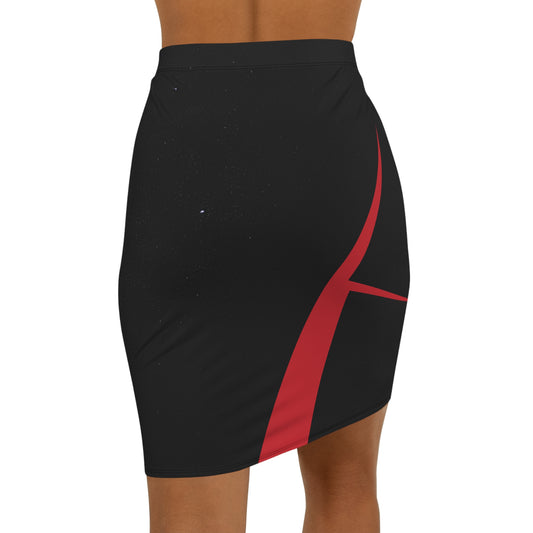 Crimsen Red & Black Geometric Mid‑Waist Pencil Skirt
