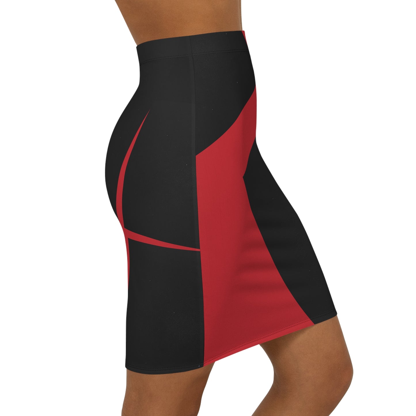 Crimsen Red & Black Geometric Mid‑Waist Pencil Skirt