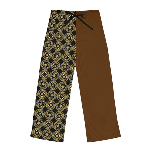 Women's Split-Panel Pajama Pants — Gold Baroque Pattern & Solid Lounge Trousers
