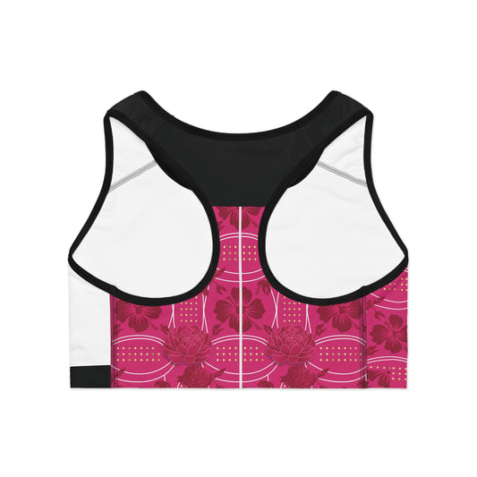 White & Pink  Elegant  Sports Bra — Luxe Athletic Crop with Ornate Accent