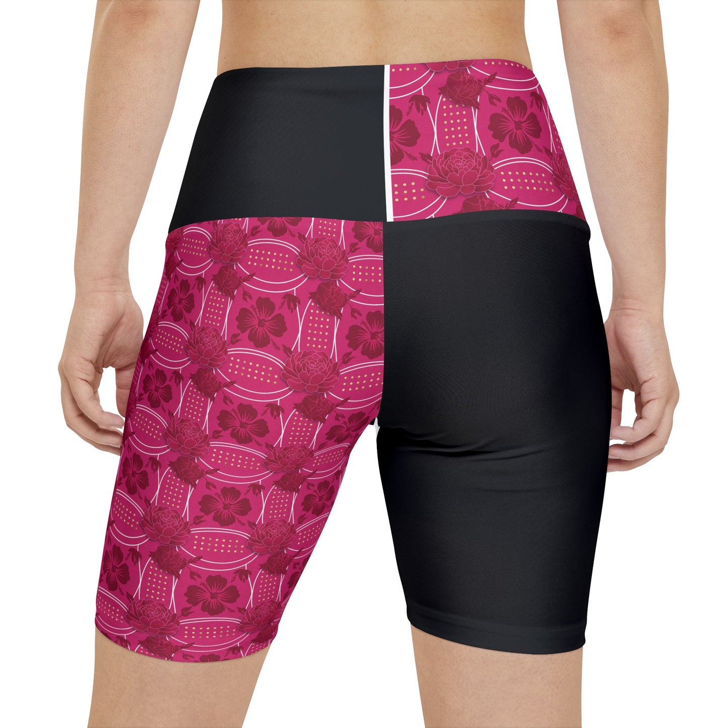 (Essenciera Conturee Original Company Designs Only).  Pink Floral Patchwork Women's Workout Shorts — High-Waist Athletic Biker Shorts