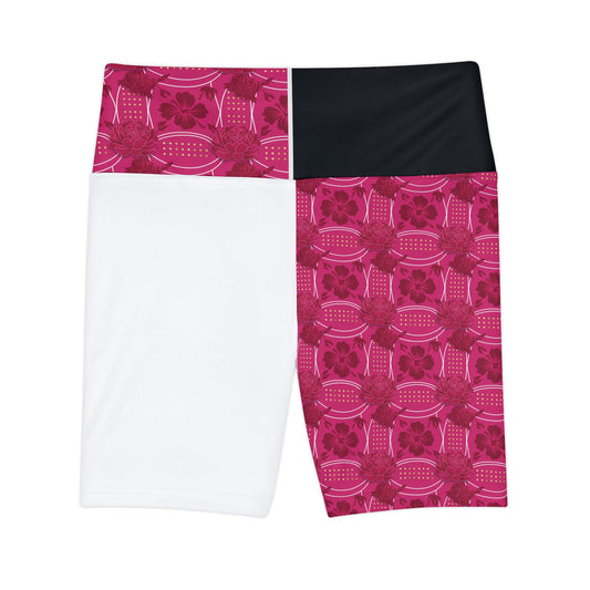 Essenciera Conturee  Pink & White Floral Patchwork Women's Workout Shorts — High-Waist Athletic Biker Shorts