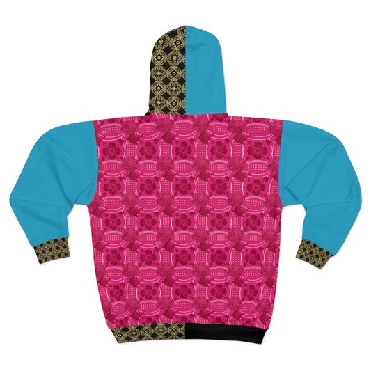 Essenciera Pink & Turquoise  Geo Zip Hoodie — Bold Graphic Unisex