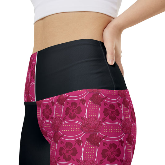 (Essenciera Conturee Original Company Designs Only).  Pink Floral Patchwork Women's Workout Shorts — High-Waist Athletic Biker Shorts