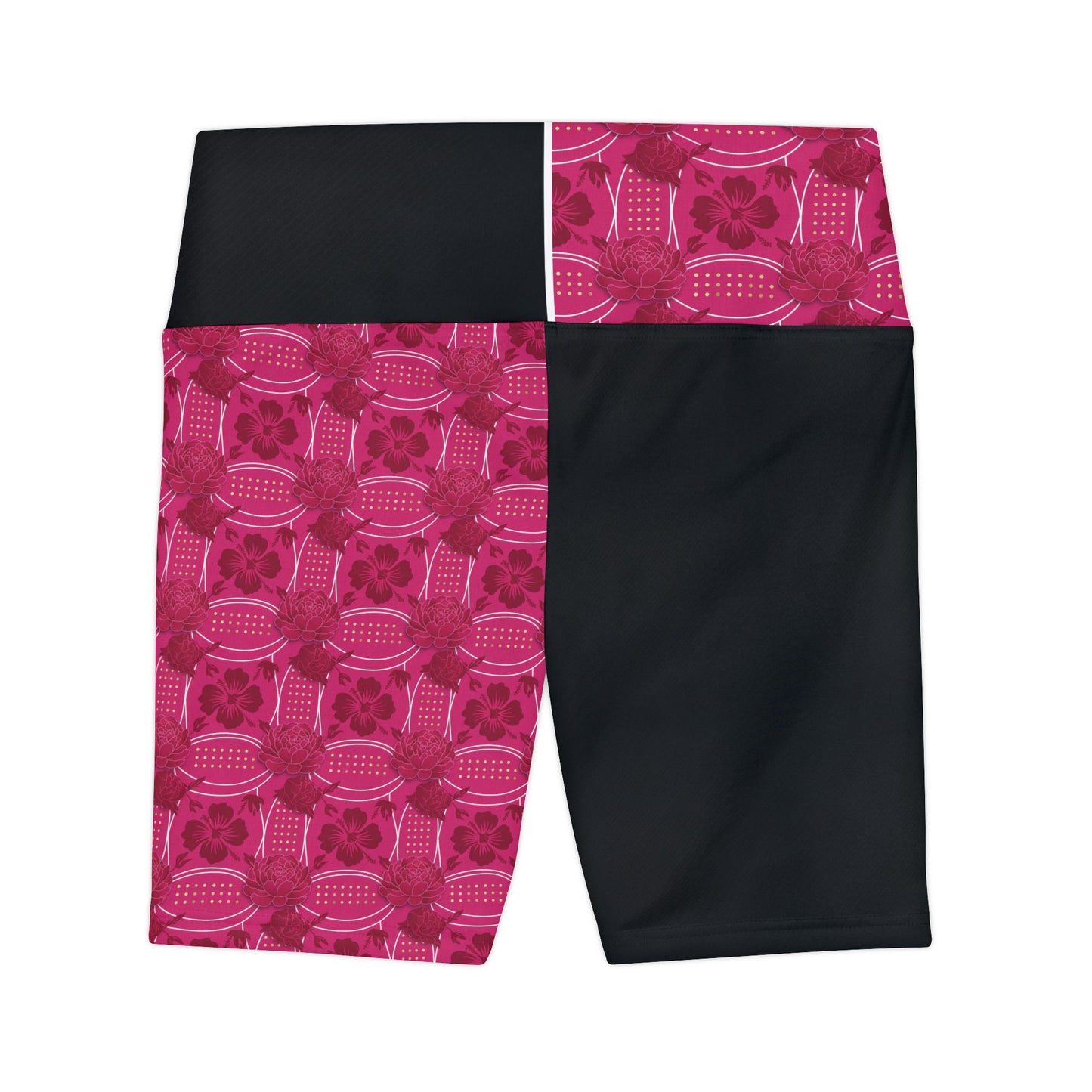 (Essenciera Conturee Original Company Designs Only).  Pink Floral Patchwork Women's Workout Shorts — High-Waist Athletic Biker Shorts