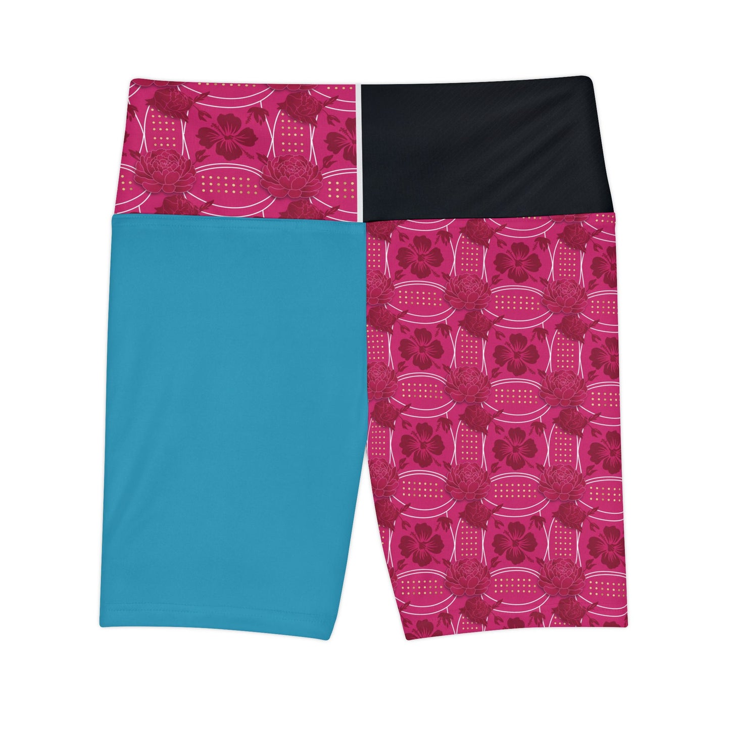 Essenciera Conturee  Pink & Blue Floral Patchwork Women's Workout Shorts — High-Waist Athletic Biker Shorts