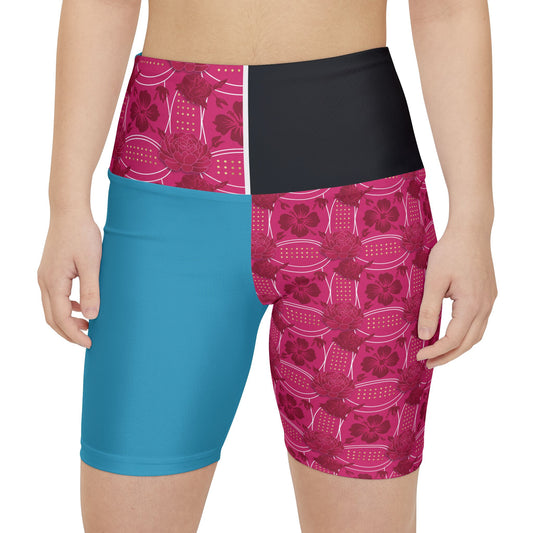 Essenciera Conturee  Pink & Blue Floral Patchwork Women's Workout Shorts — High-Waist Athletic Biker Shorts