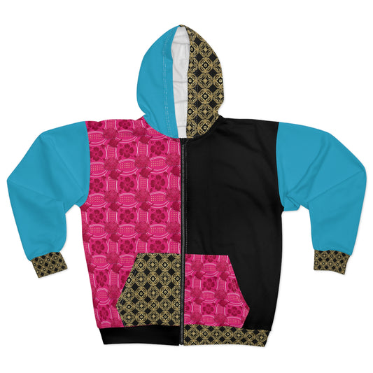 Essenciera Pink & Turquoise  Geo Zip Hoodie — Bold Graphic Unisex