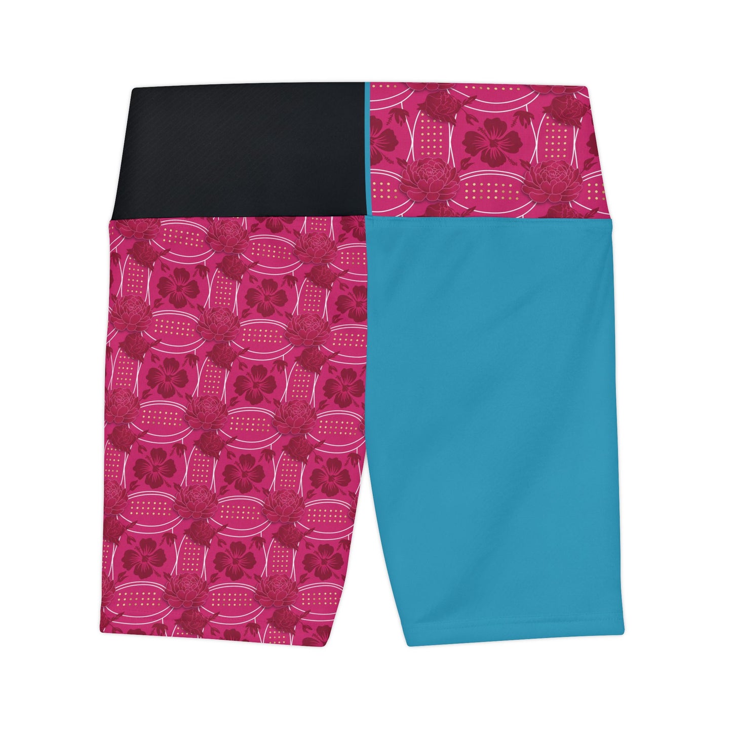 Essenciera Conturee  Pink & Blue Floral Patchwork Women's Workout Shorts — High-Waist Athletic Biker Shorts