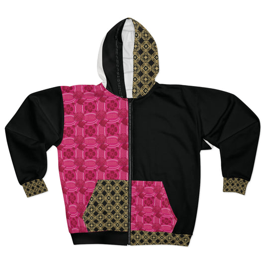 Essenciera Pink & Black Geo Zip Hoodie — Bold Graphic Unisex