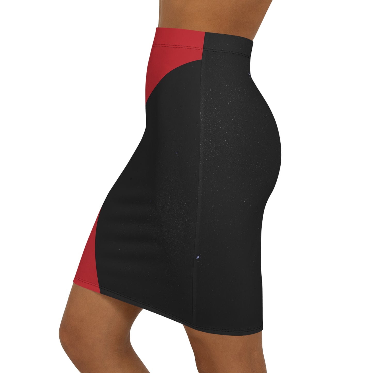 Crimsen Red & Black Geometric Mid‑Waist Pencil Skirt