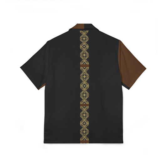 Essenciera Men's Two-Tone Hawaiian Camp Shirt — Geo Mosaic Back, Brown & Black. (US MADE)