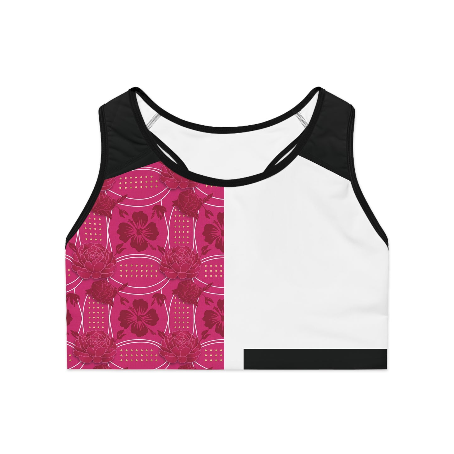 White & Pink  Elegant  Sports Bra — Luxe Athletic Crop with Ornate Accent