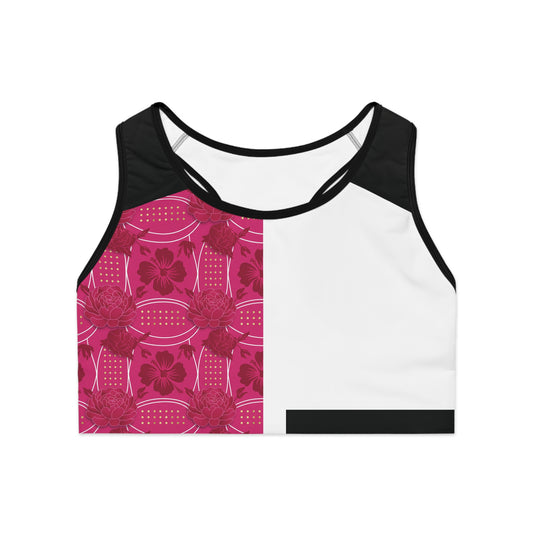 White & Pink  Elegant  Sports Bra — Luxe Athletic Crop with Ornate Accent