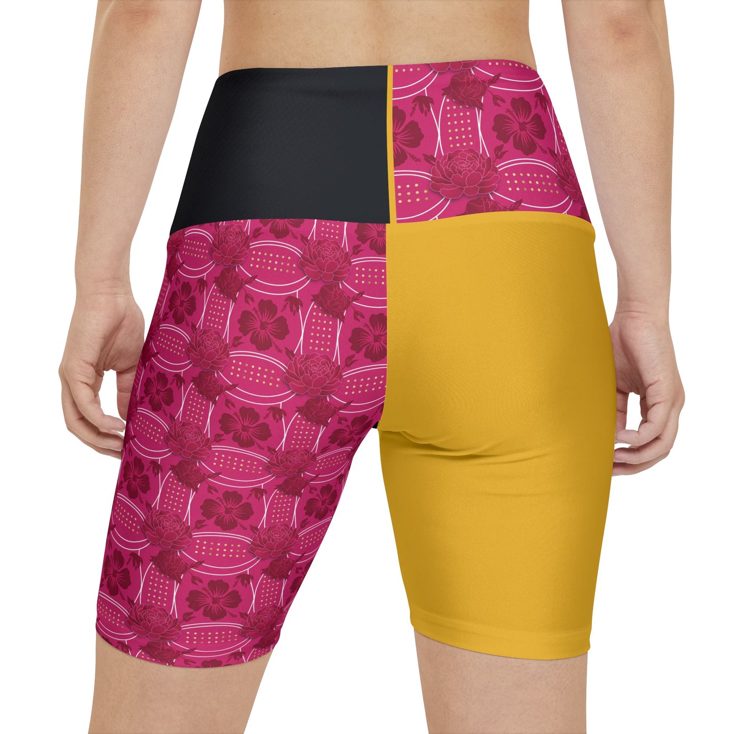 Yehlish Essenciera Conturee  Pink Floral Patchwork Women's Workout Shorts — High-Waist Athletic Biker Shorts