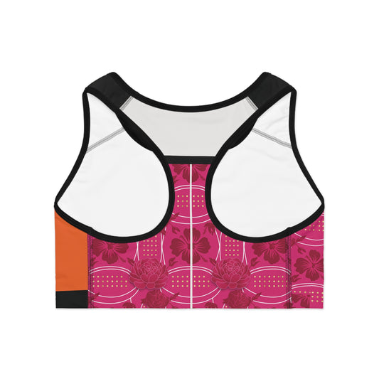 OrangeAide & Pink  Elegant  Sports Bra — Luxe Athletic Crop with Ornate Accent (Essenciera)