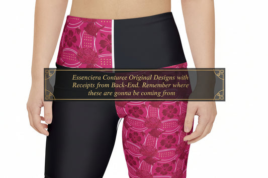 (Essenciera Conturee Original Company Designs Only).  Pink Floral Patchwork Women's Workout Shorts — High-Waist Athletic Biker Shorts