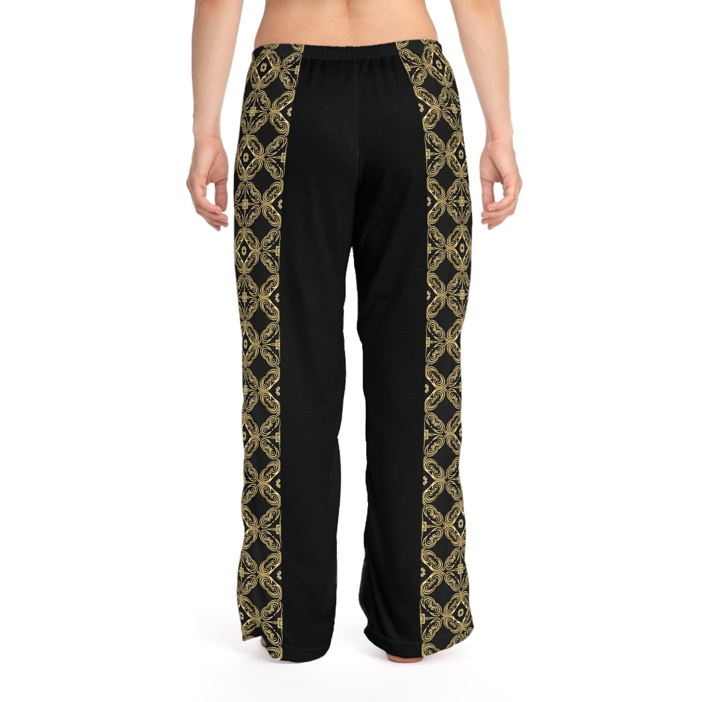 (Black). Essenciera Women's Pajama Pants — Gold Baroque Pattern & Solid Lounge Trousers