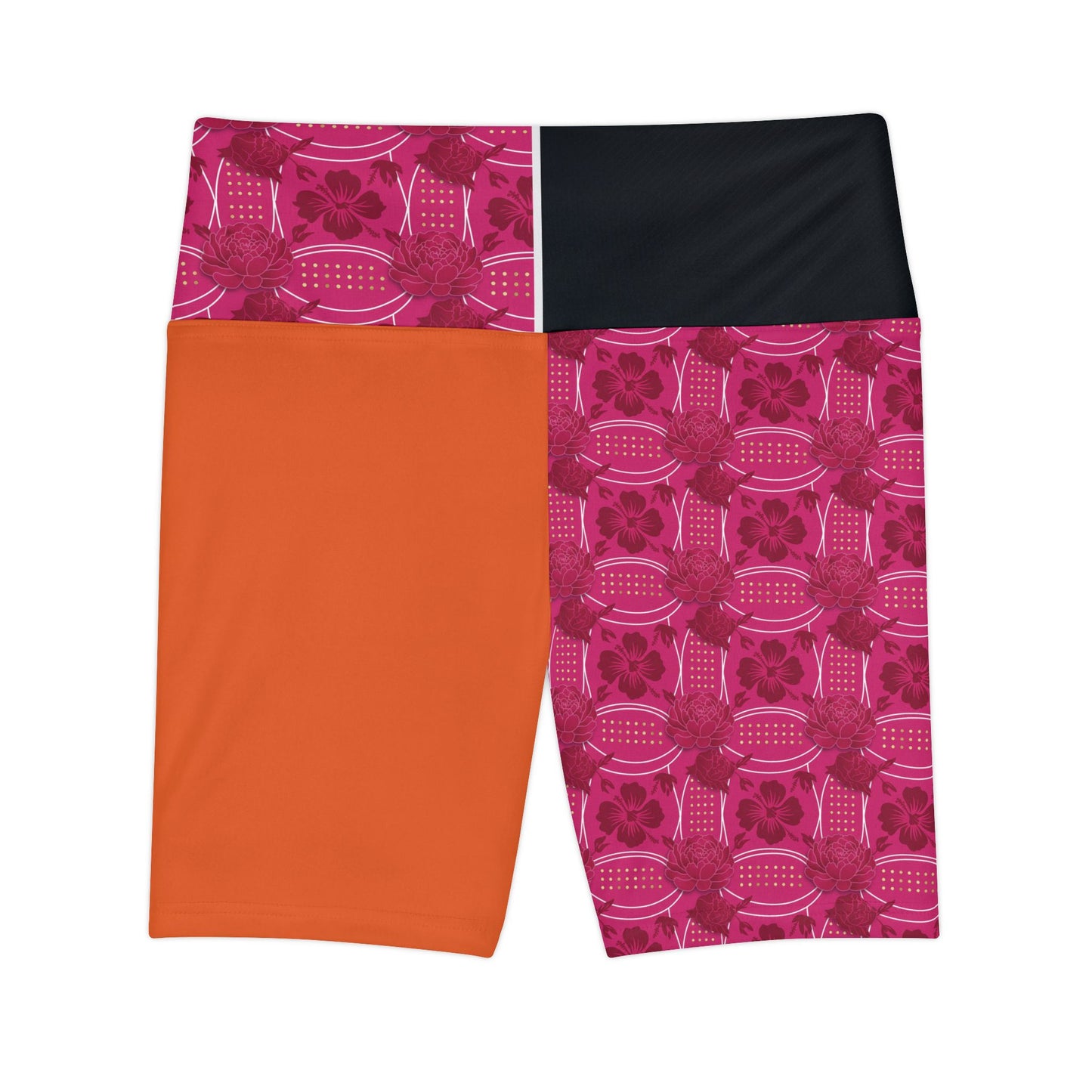 Essenciera Conturee  Pink  & OrangeAide Floral Patchwork Women's Workout Shorts — High-Waist Athletic Biker Shorts