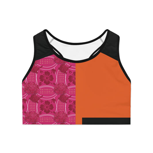 OrangeAide & Pink  Elegant  Sports Bra — Luxe Athletic Crop with Ornate Accent (Essenciera)