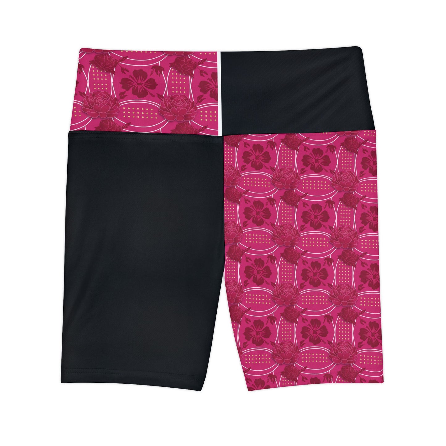 (Essenciera Conturee Original Company Designs Only).  Pink Floral Patchwork Women's Workout Shorts — High-Waist Athletic Biker Shorts