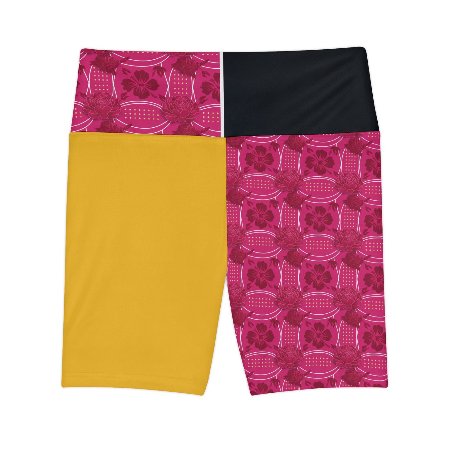 Yehlish Essenciera Conturee  Pink Floral Patchwork Women's Workout Shorts — High-Waist Athletic Biker Shorts