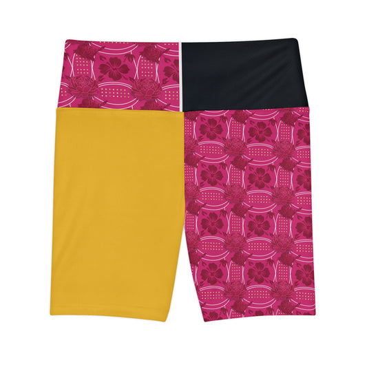 Yehlish Essenciera Conturee  Pink Floral Patchwork Women's Workout Shorts — High-Waist Athletic Biker Shorts