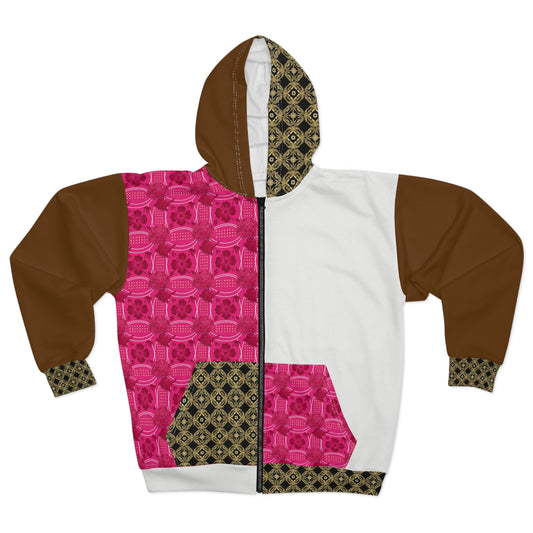 Essenciera Pink & Brown Geo Zip Hoodie — Bold Graphic Unisex