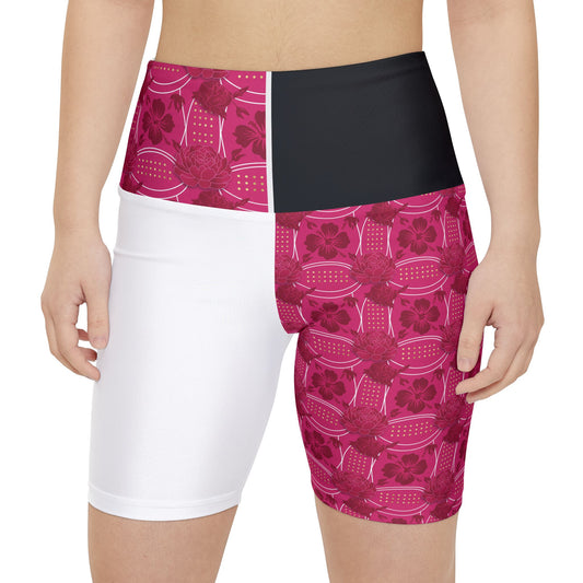 Essenciera Conturee  Pink & White Floral Patchwork Women's Workout Shorts — High-Waist Athletic Biker Shorts