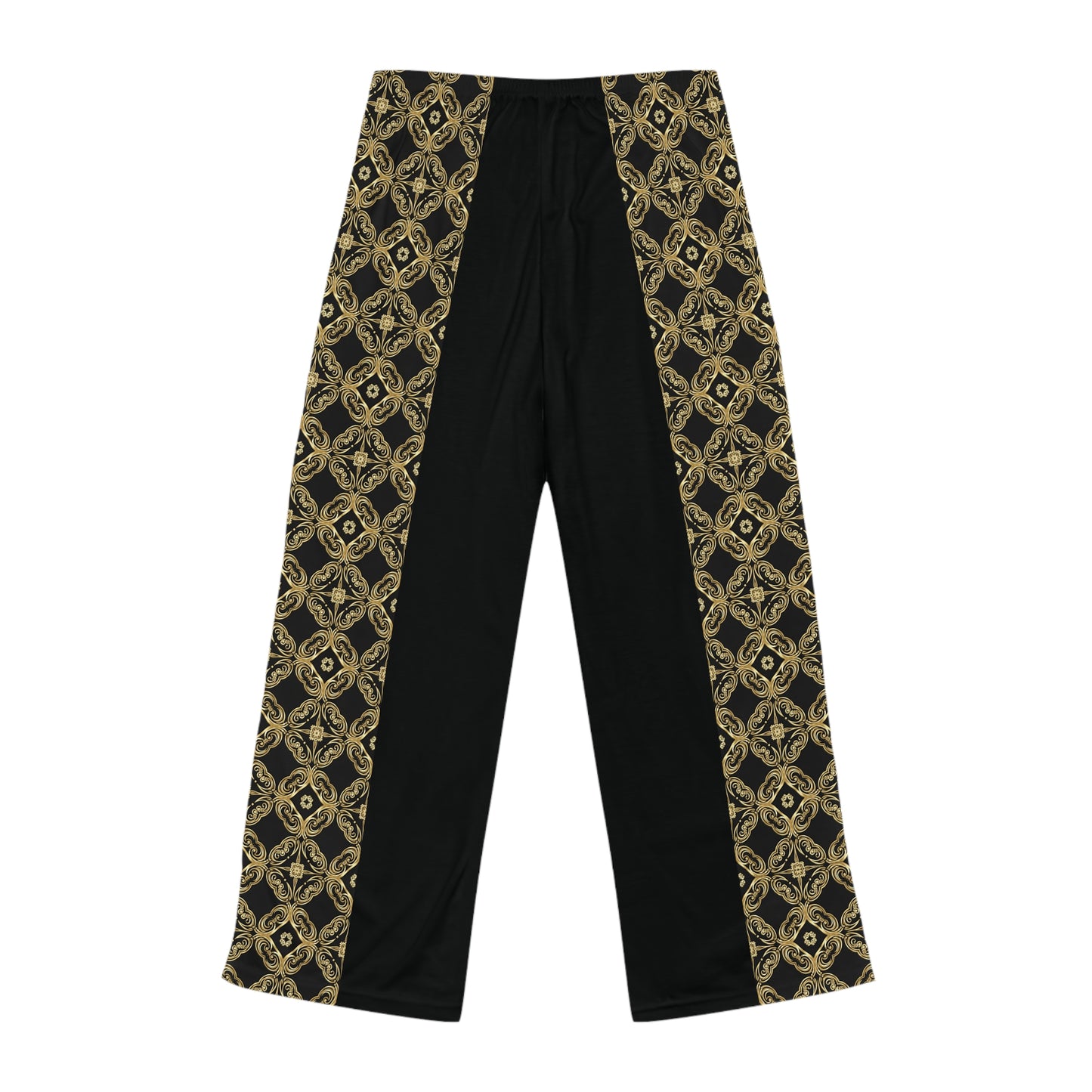 (Black). Essenciera Women's Pajama Pants — Gold Baroque Pattern & Solid Lounge Trousers