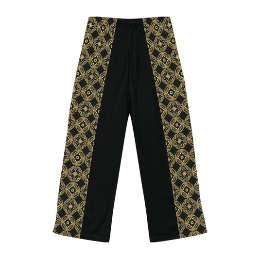 (Black). Essenciera Women's Pajama Pants — Gold Baroque Pattern & Solid Lounge Trousers