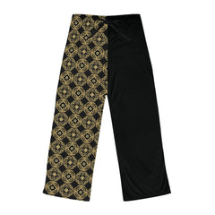 (Black). Essenciera Women's Pajama Pants — Gold Baroque Pattern & Solid Lounge Trousers