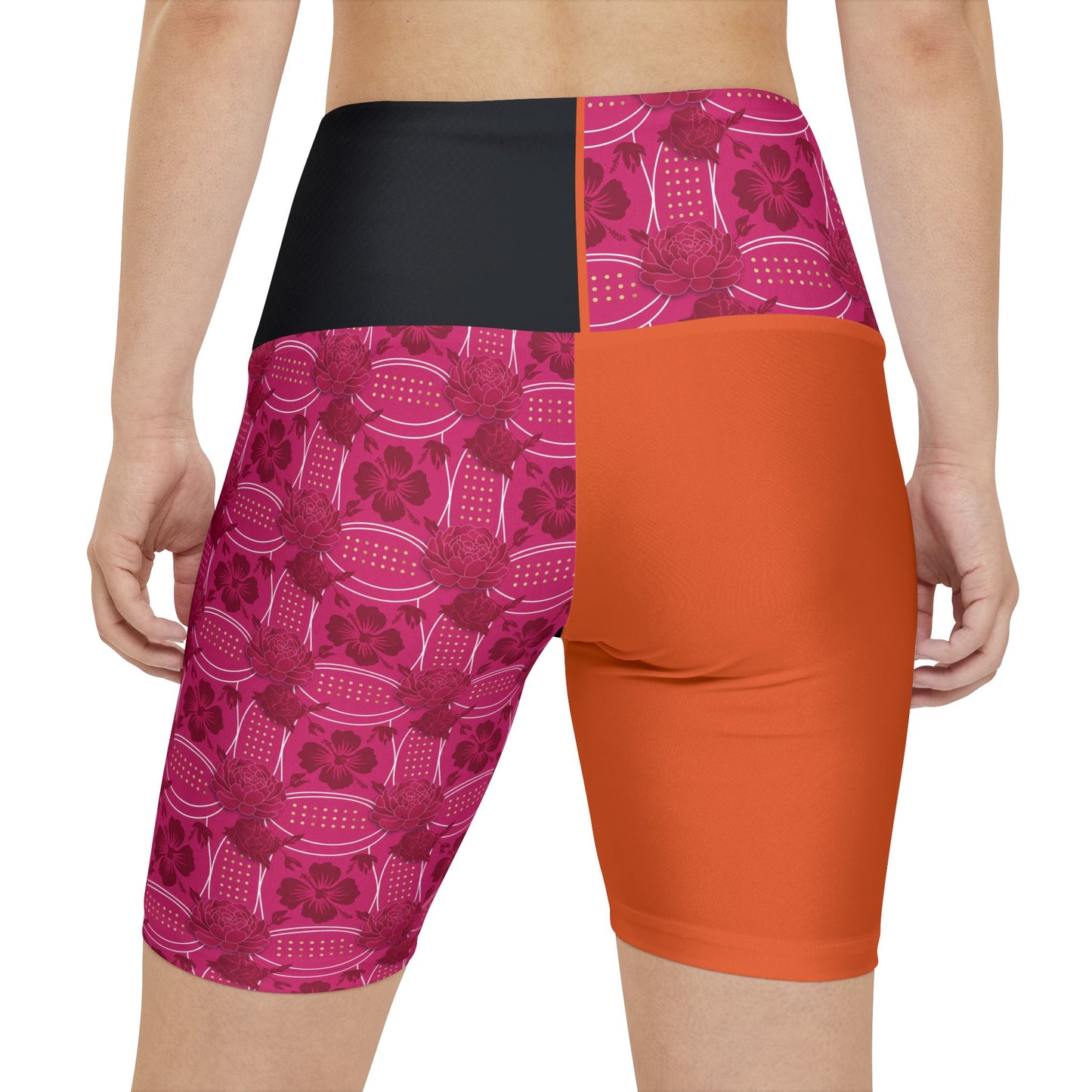 Essenciera Conturee  Pink  & OrangeAide Floral Patchwork Women's Workout Shorts — High-Waist Athletic Biker Shorts
